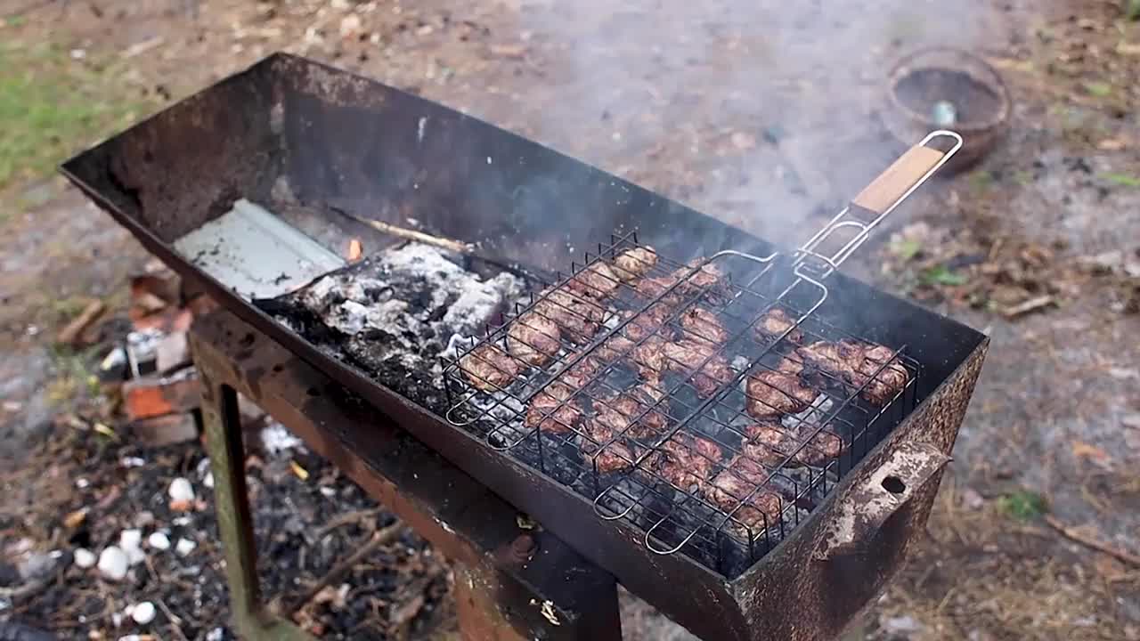 在松林烧烤，一名男子翻着炸肉视频素材