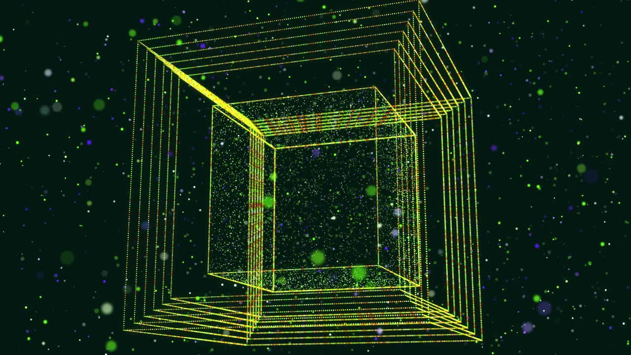 摘要发光绿色粒子形成三维物体。多维数据集。Vj循环作为虚拟数字空间的bg。粒子形成全息影像的形状，作为大数据、网络或vr空间的概念。科幻运动设计bg。视频素材