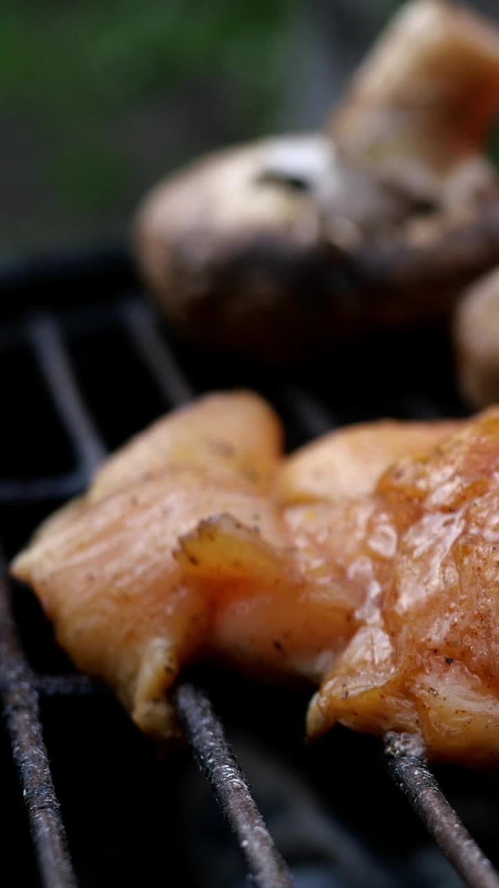 煎腌过的鸡胸肉在烤架或烤架上煮熟。加蔬菜、甜椒和蘑菇。视频素材