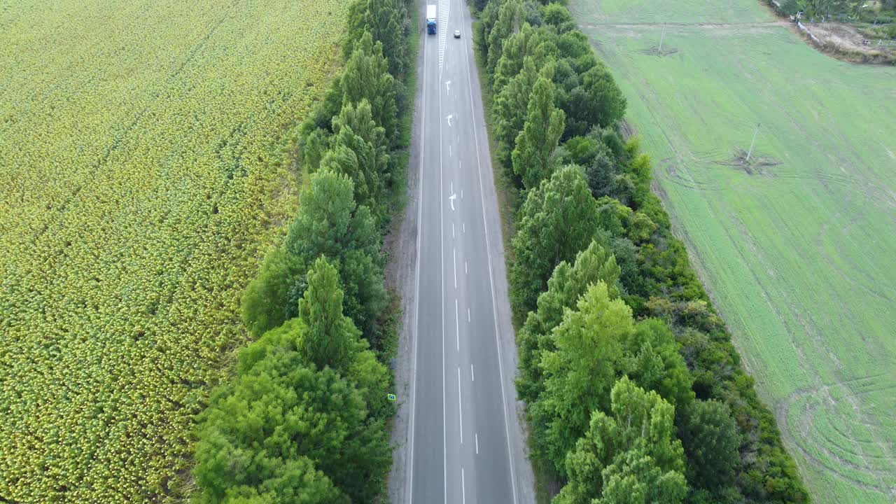 公路上卡车的行驶。道路上车辆移动的鸟瞰图视频素材