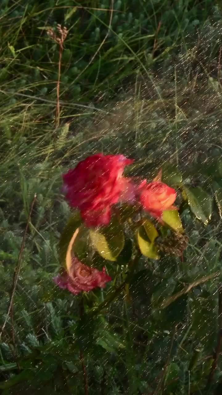 水柱冲洗着花园中橙红色的超级明星玫瑰视频素材