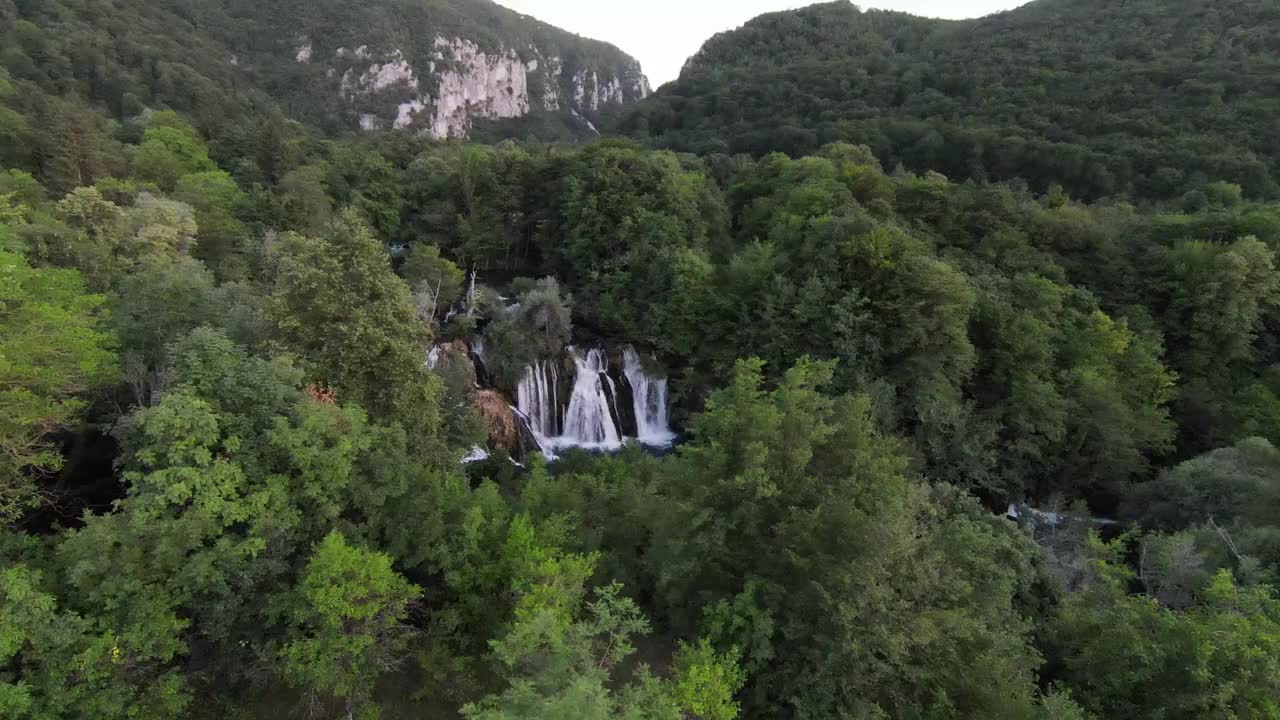 第一人称飞行在峡谷深处，山间河流，竹林，杜鹃花覆盖苔藓视频素材