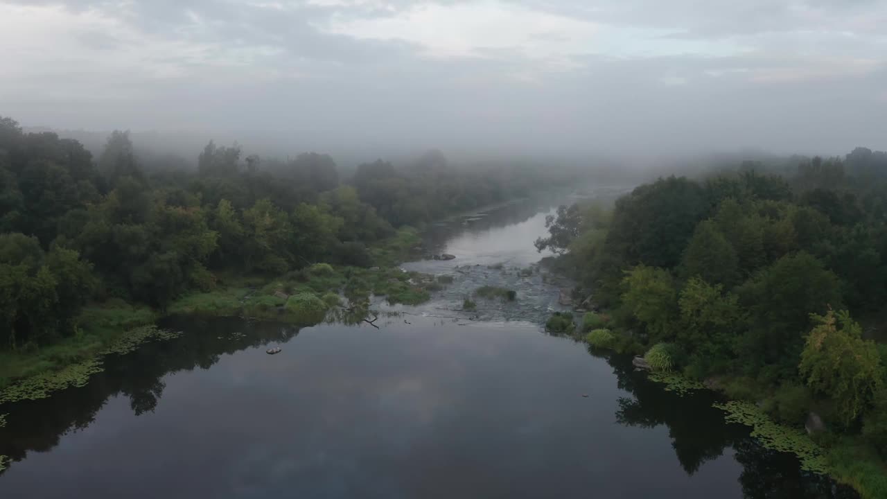 早晨的风景。无人机在雾中观察森林河流。视频素材