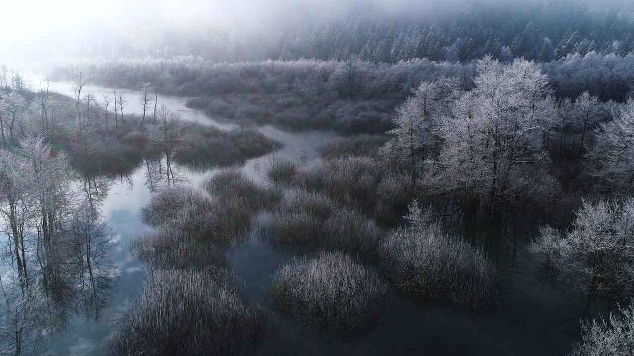 鸟瞰图的美丽风景与河流在冬天的早晨视频素材