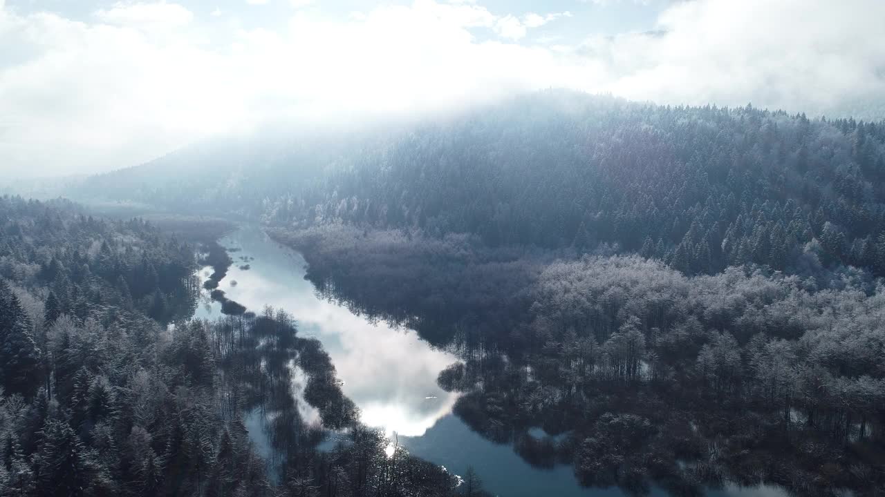 高山河流的冬季景观的高角度视图视频素材