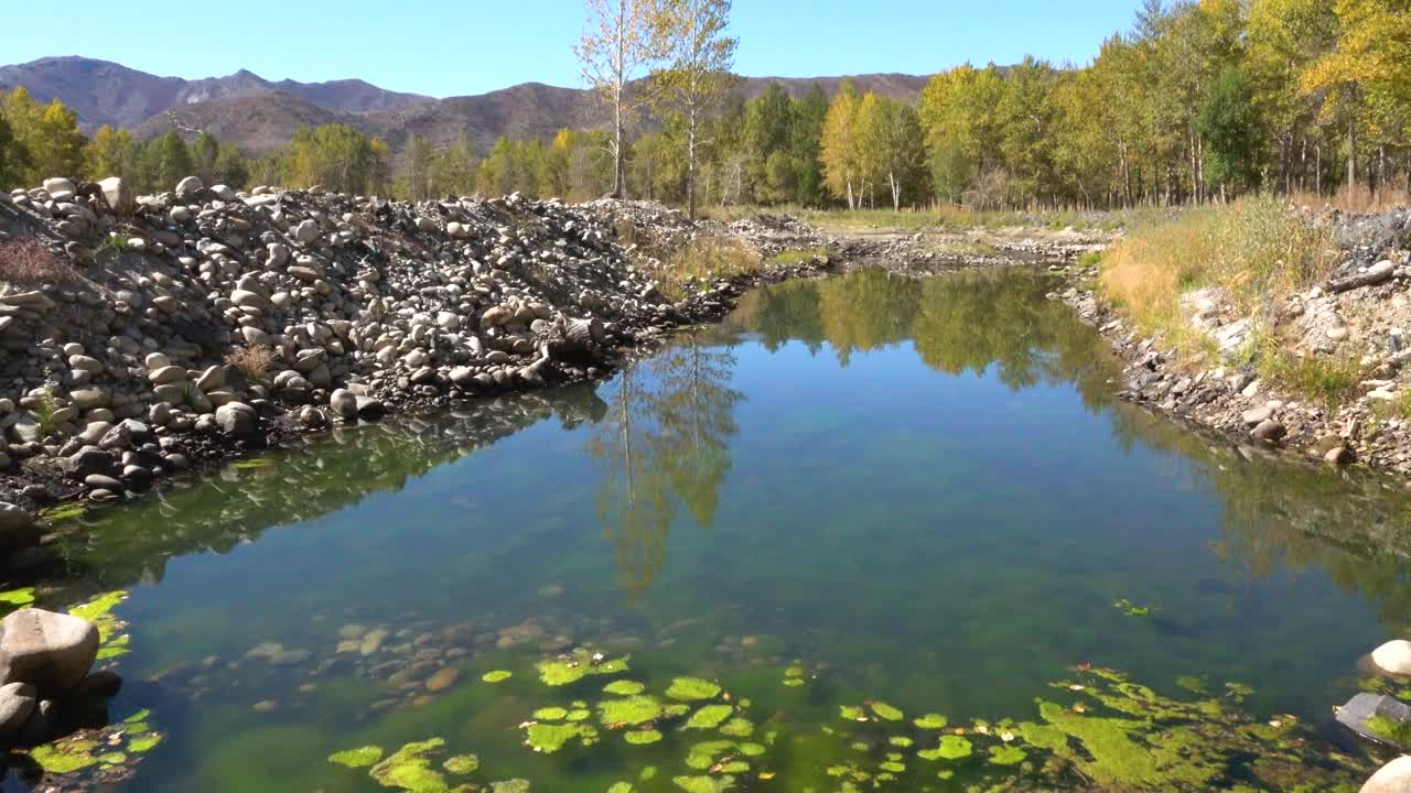 诗情画意的风景，清澈的蓝天，清澈的河流，郁郁葱葱的树木，峡谷。视频素材