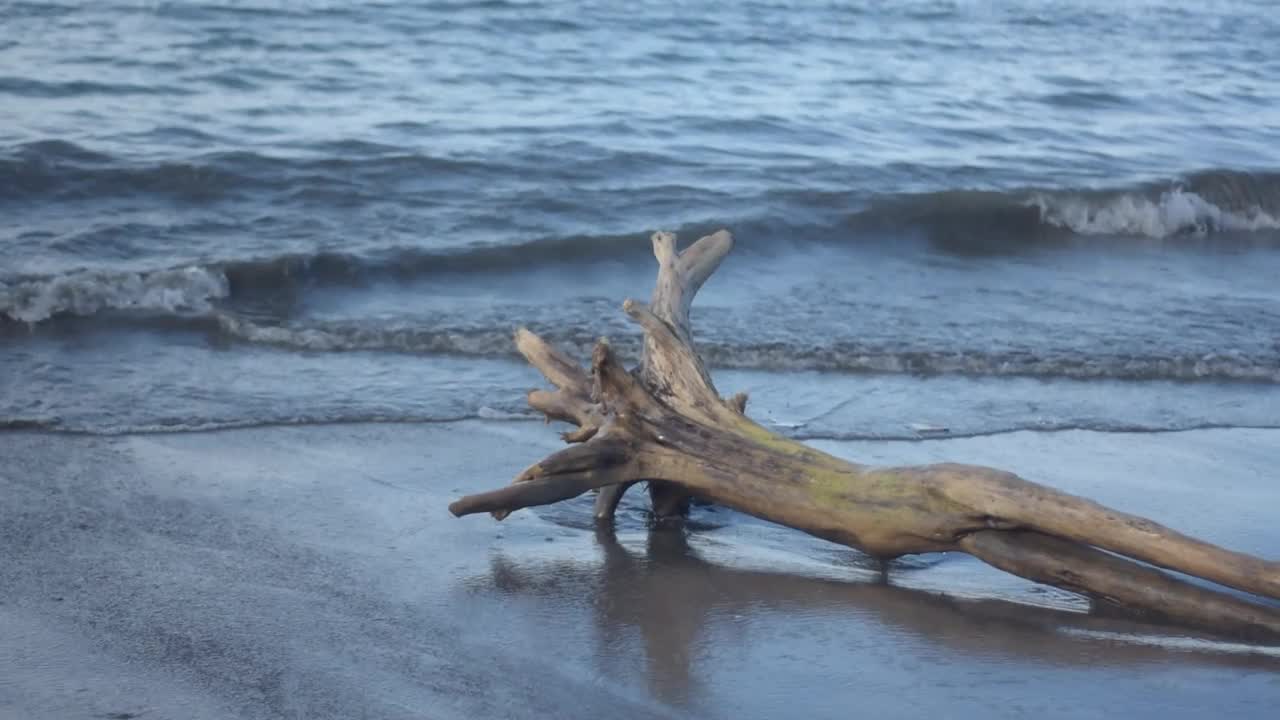 海滩边平静的蓝色海浪，用慢镜头近距离拍摄视频素材