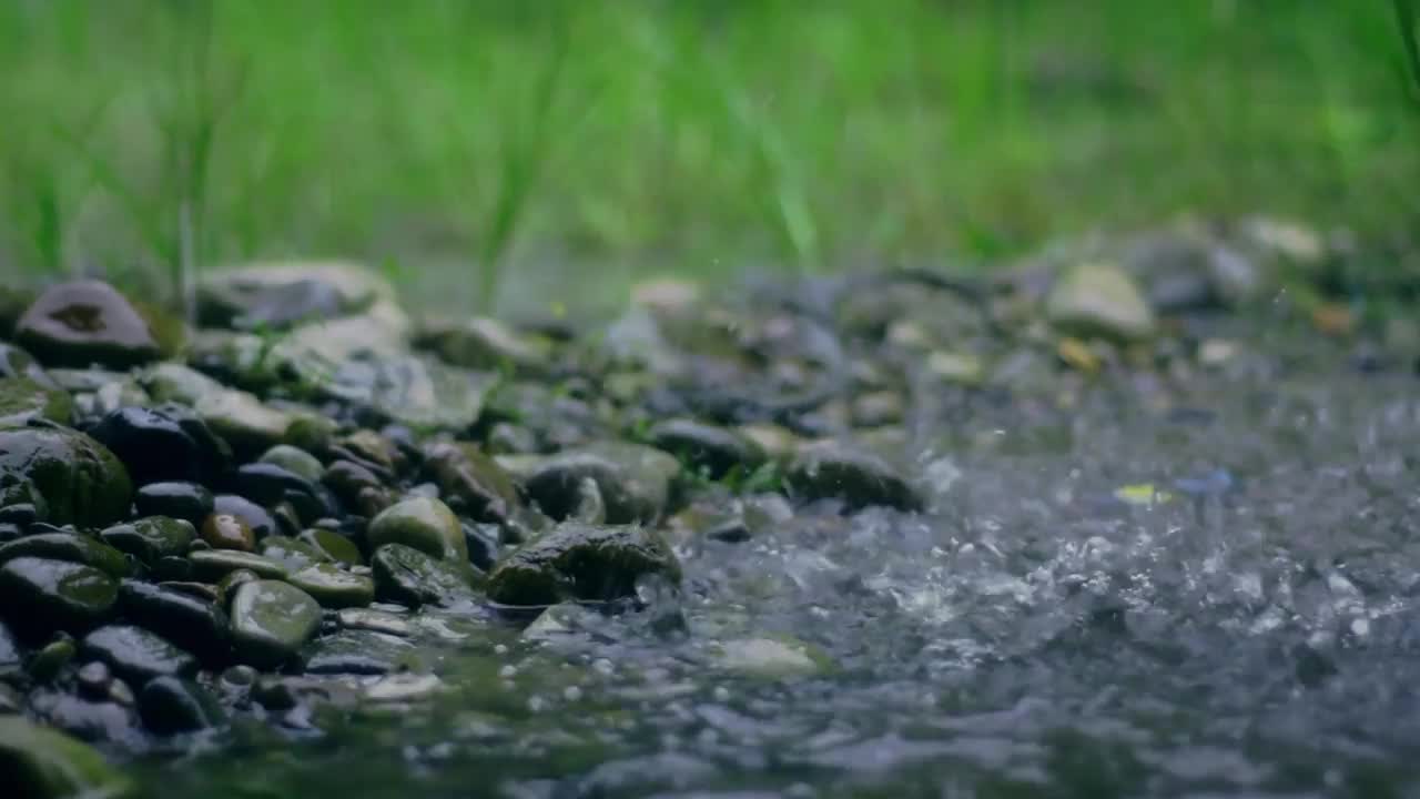 下午下了大雨，雨水落在水坑和小岩石的表面，造成飞溅的倒影视频下载