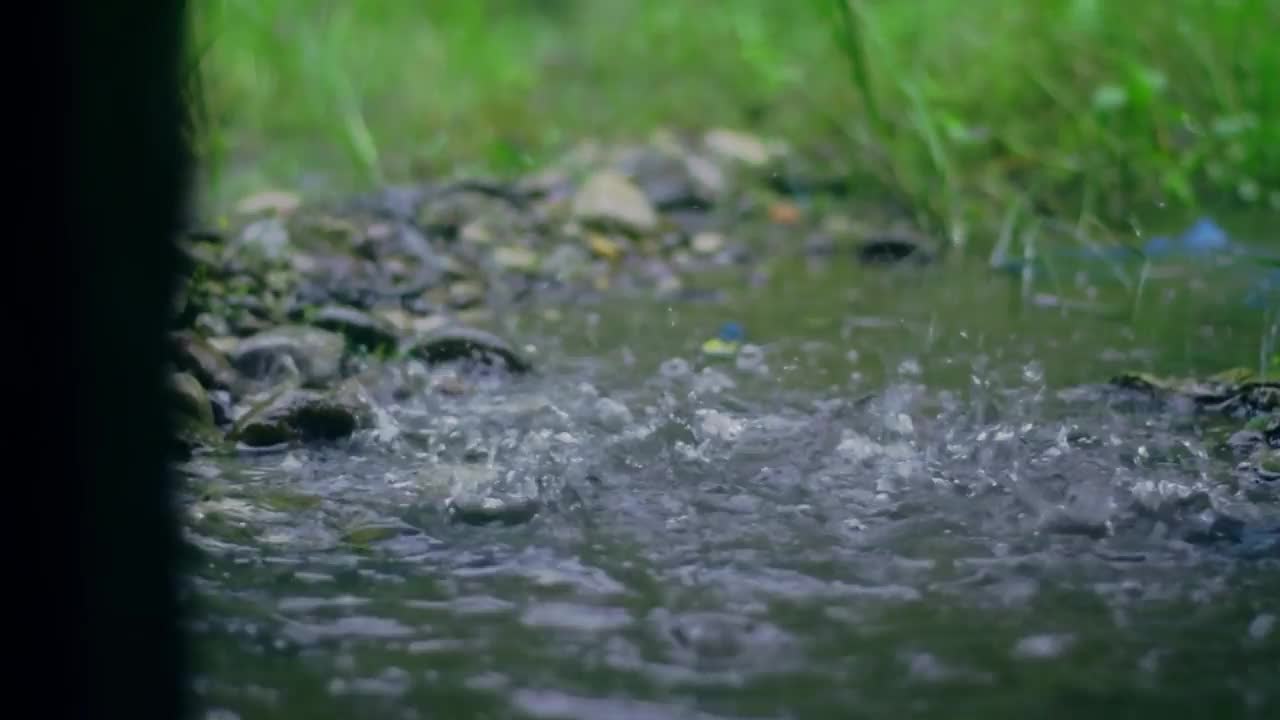 下午下了大雨，雨水落在水坑和小岩石的表面，造成飞溅的倒影视频素材