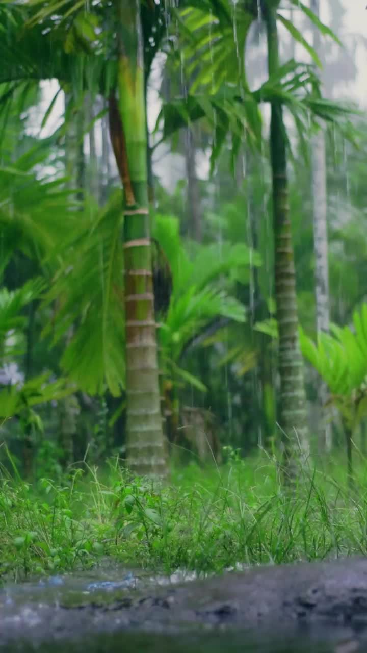 下午下了大雨，雨水落在水坑和小岩石的表面，造成飞溅的倒影视频素材