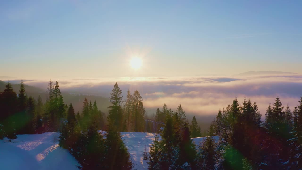 雾蒙蒙的山谷覆盖着白雪覆盖的山脉和绿色的森林视频素材