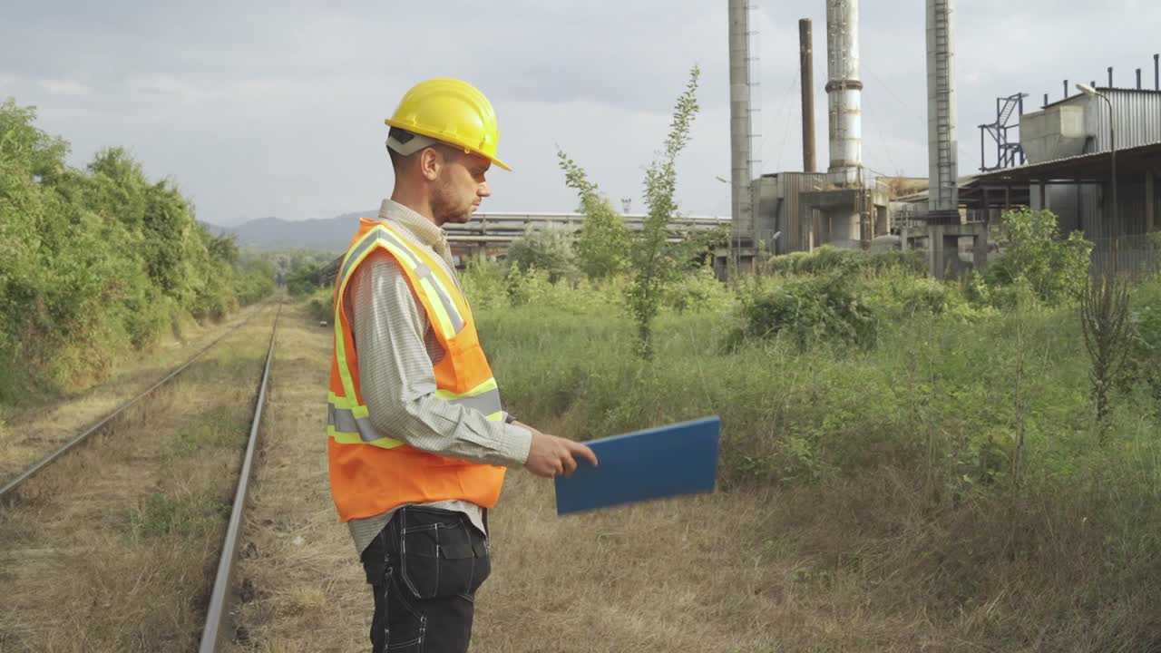 铁路工程师在铁轨上，手里拿着文件视频素材