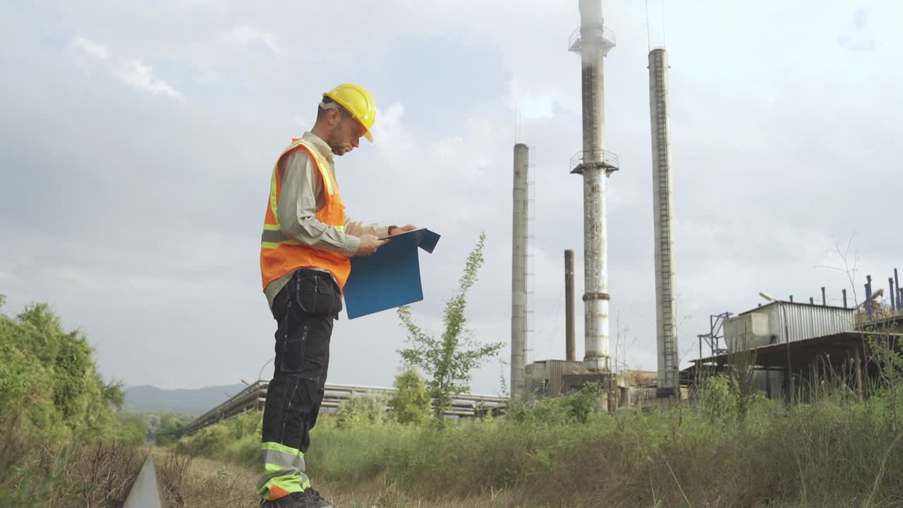 铁路工程师在铁轨上，手里拿着文件视频素材