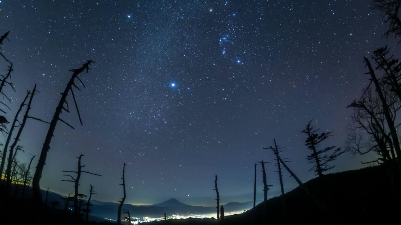 从Okuchichibu Kokushigatake山顶拍摄的富士山和冬天星空的延时视频视频素材