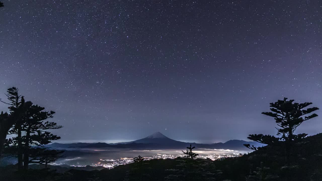 从Okuchichibu Kokushigatake山顶拍摄的富士山和冬天星空的延时视频视频素材