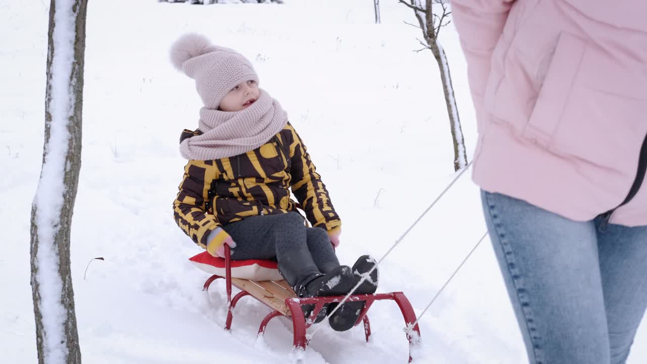 在雪橇上移动。视频素材