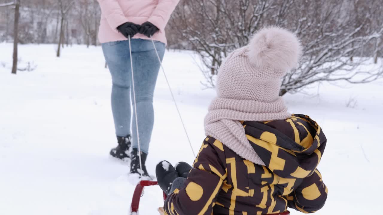 妈妈用绳子拉着雪橇。视频素材