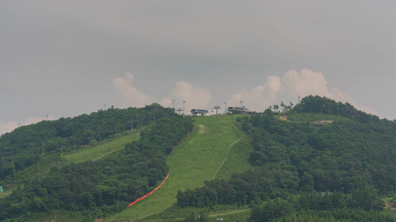 在江原道平昌郡大关岭山口附近的Alpensia度假村滑雪场，缆车正在移动视频素材