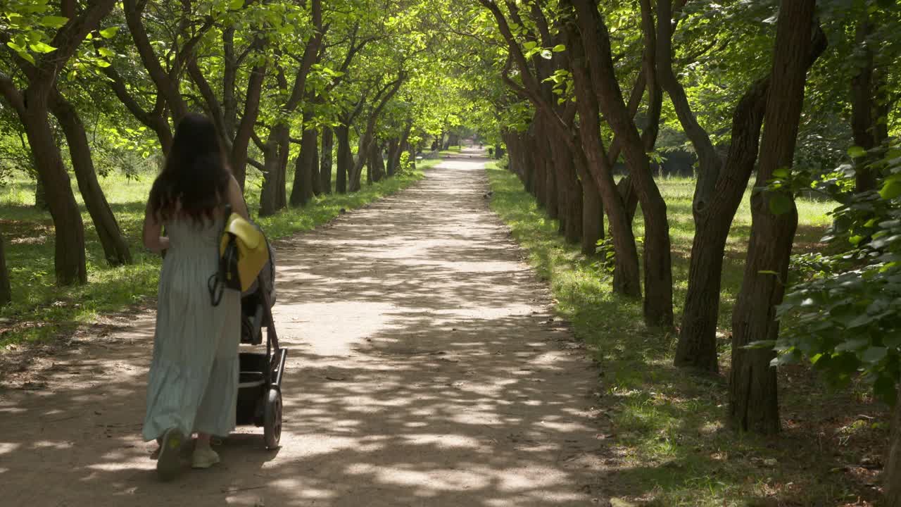 一个阳光明媚的夏日，妈妈推着婴儿车在公园小路上散步。视频素材