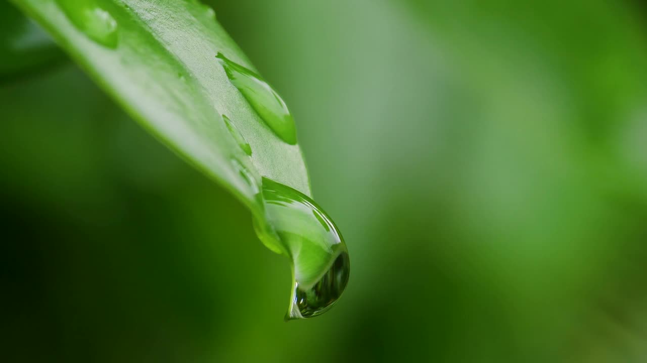 树叶上的水滴，绿色自然的背景视频素材