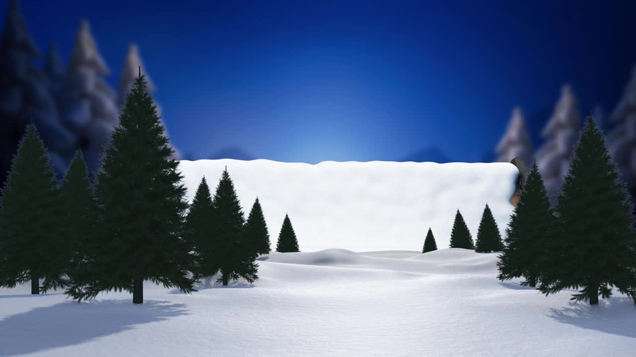 动画的雪落在冷杉树和冬天的风景视频素材