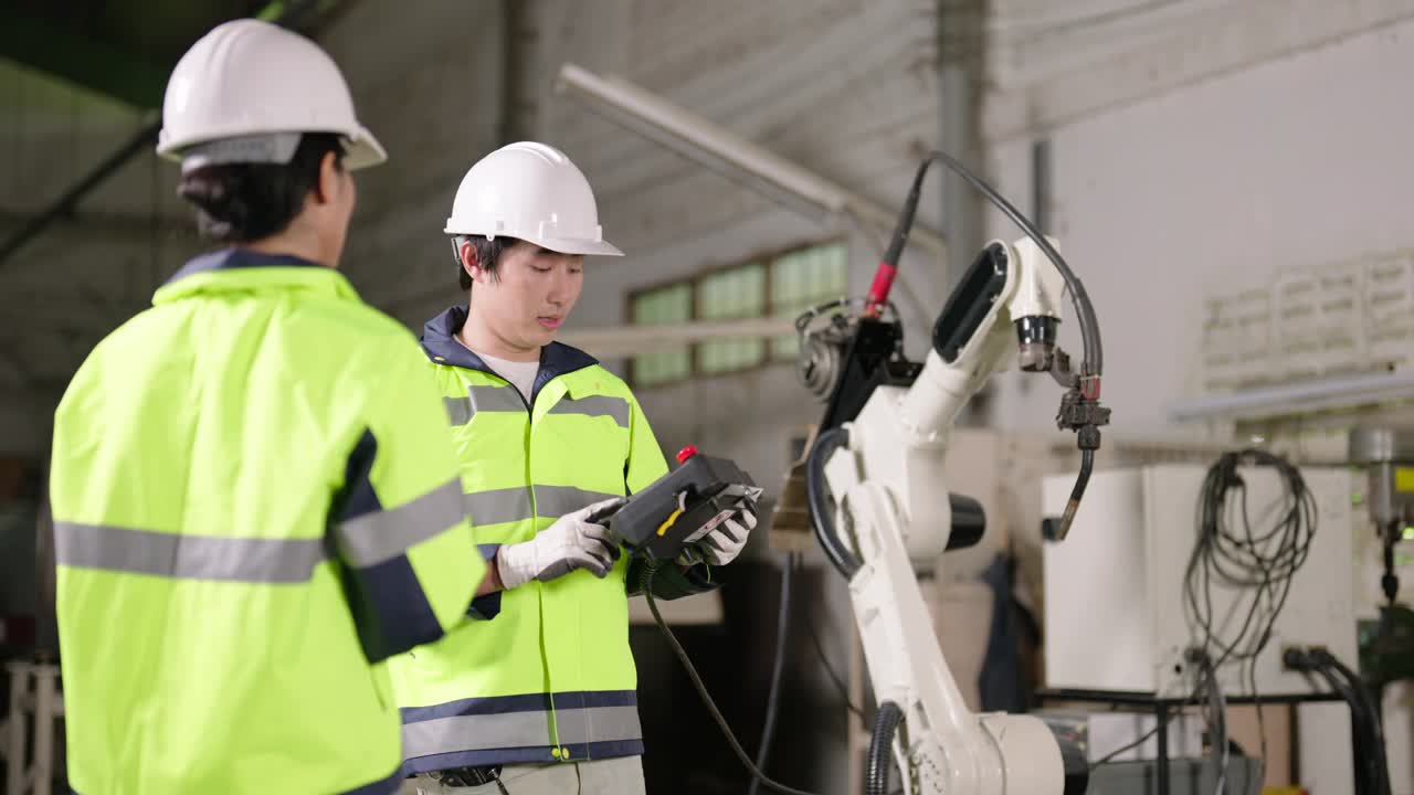 高级男工程师指导女工程师如何在车间操作机器人焊机。视频素材