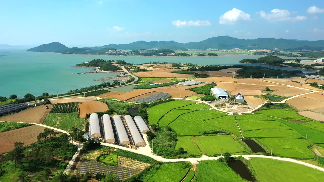 田野和稻田的海景/韩国全罗南道珍岛郡视频素材