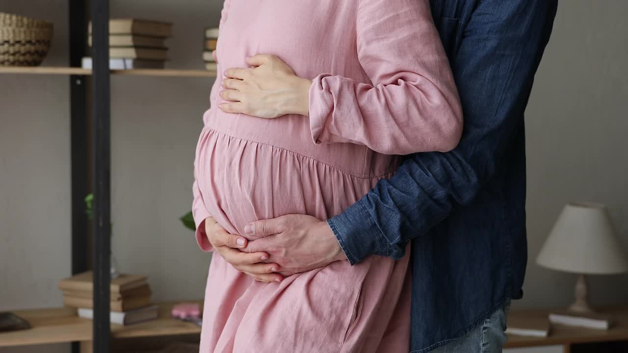 特写裁切视图爱的丈夫从身后抱着怀孕的妻子视频素材