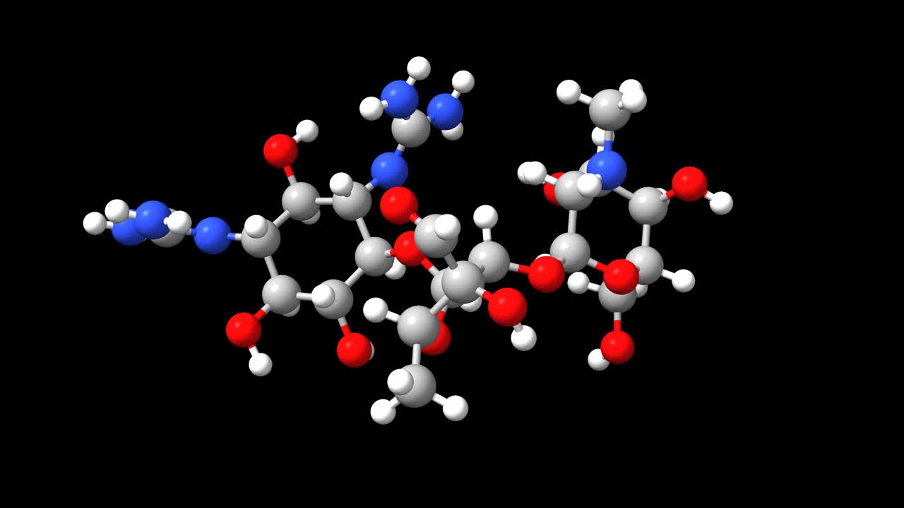 动画三维球棒和填充模型的氨基糖苷类抗生素链霉素视频素材