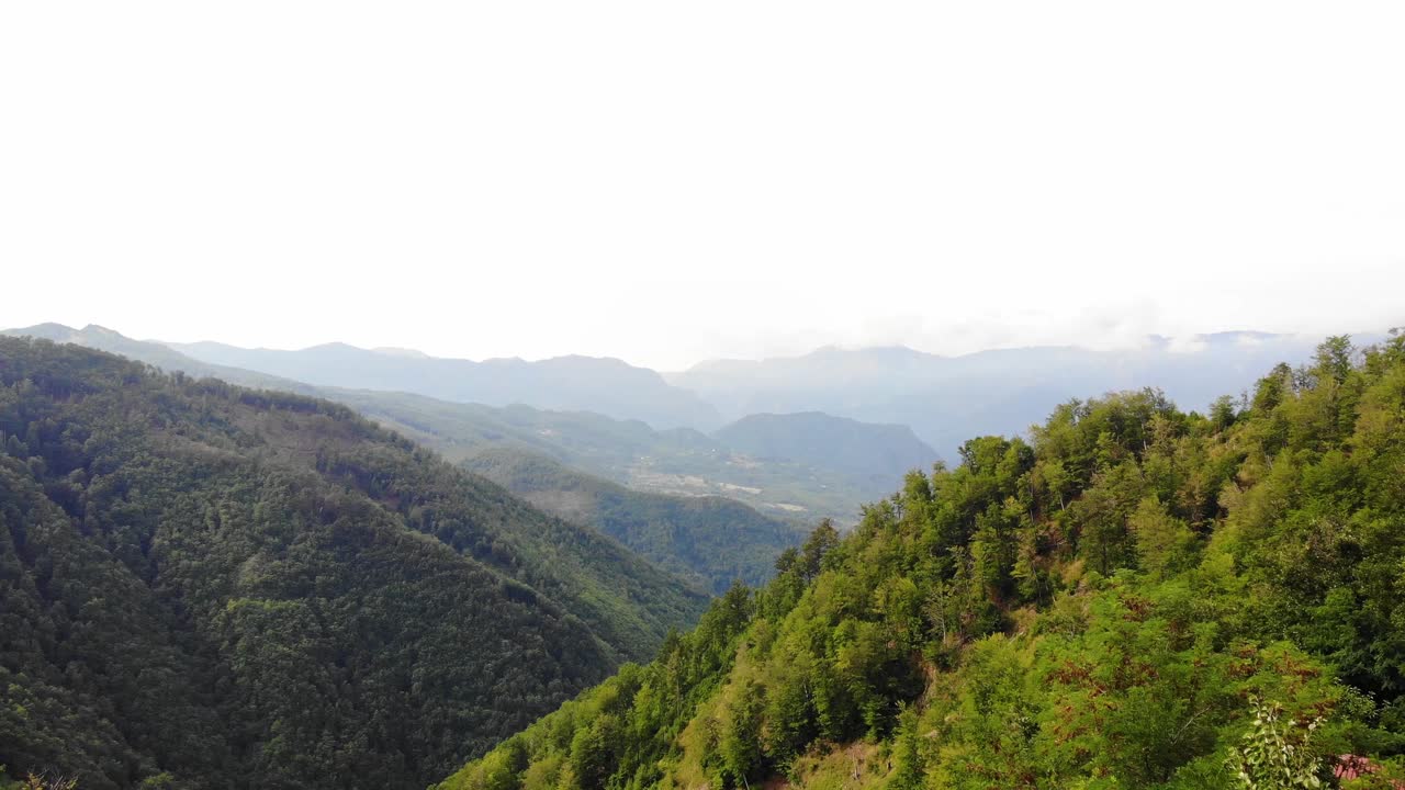 山的风景。俯视图的绿色森林，舒缓的自然景色。视频素材