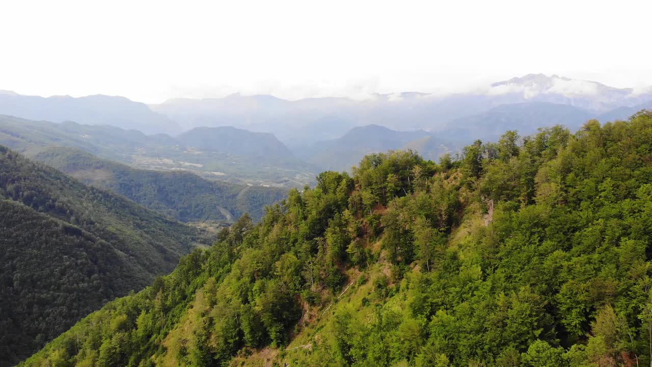 山的风景。俯视图的绿色森林，舒缓的自然景色。视频素材