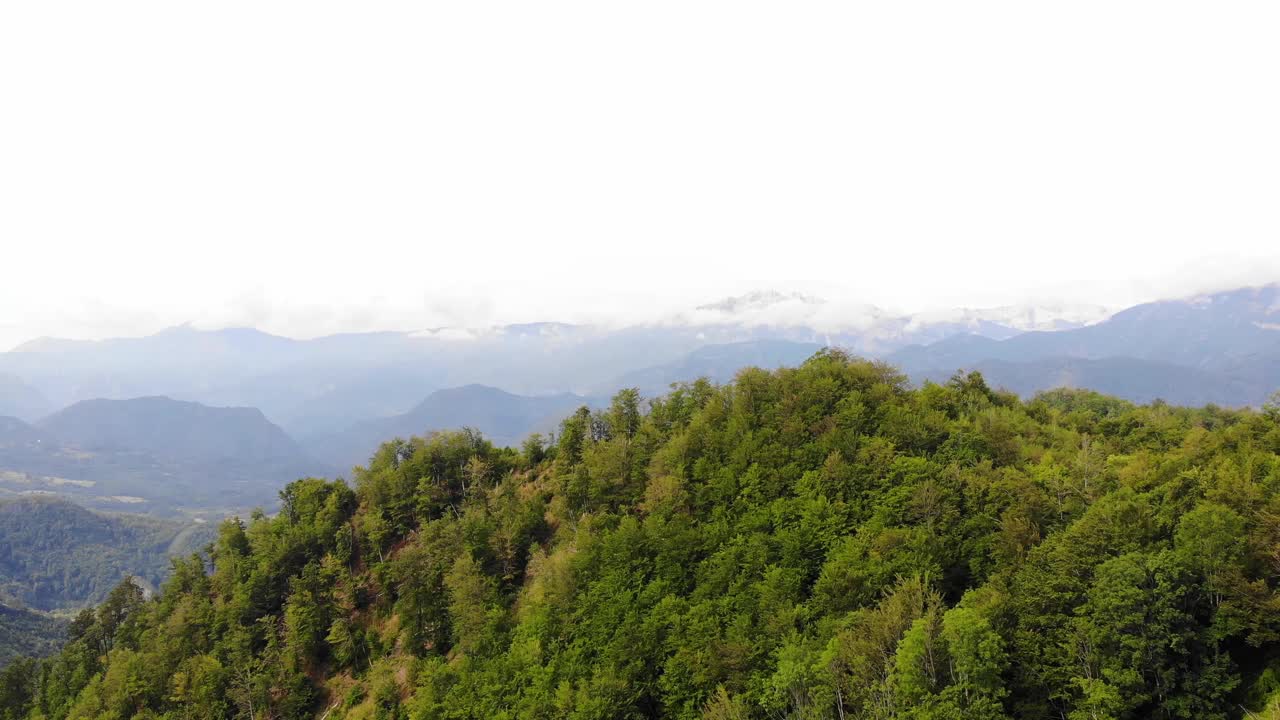 山的风景。俯视图的绿色森林，舒缓的自然景色。视频素材