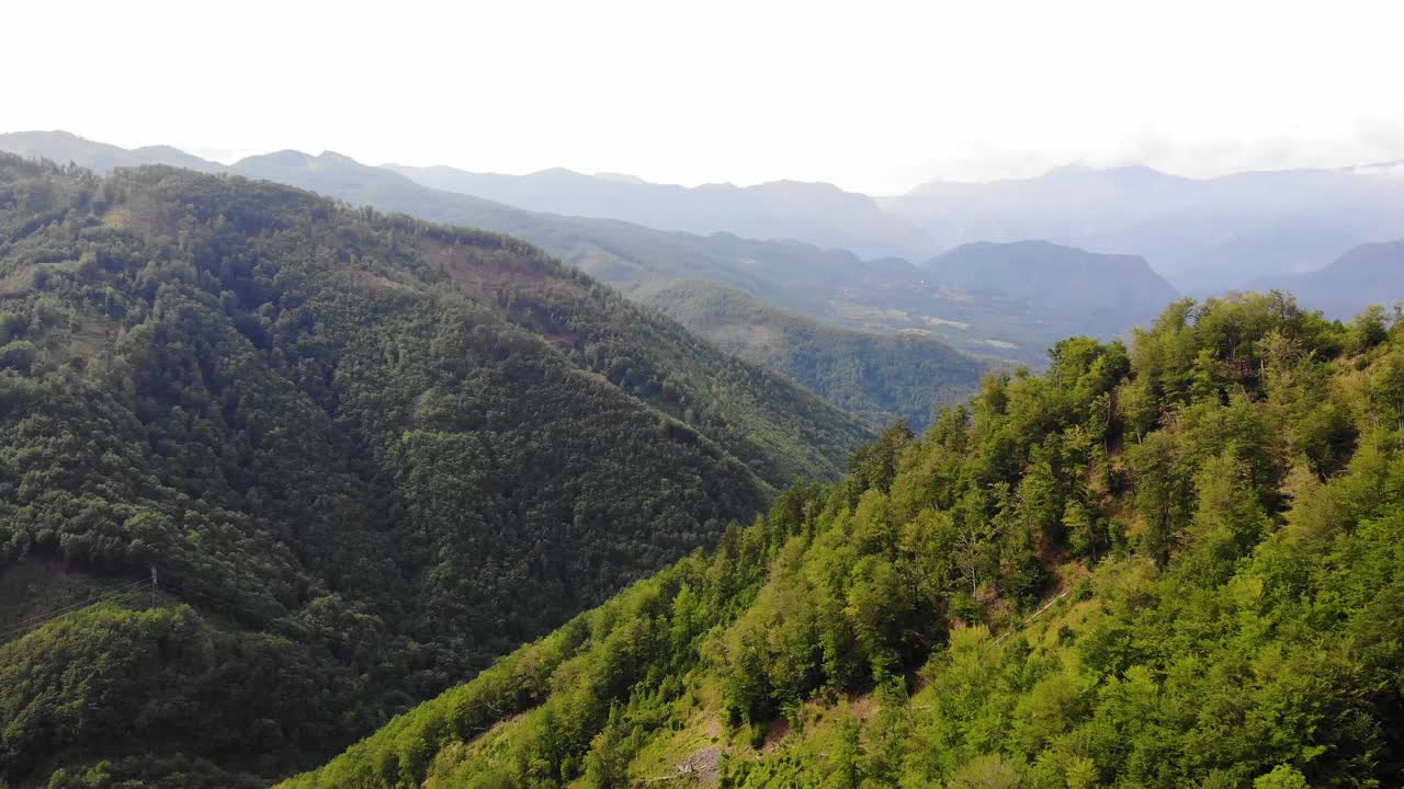 山的风景。俯视图的绿色森林，舒缓的自然景色。视频素材