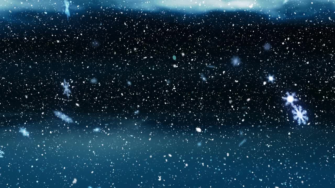 霓虹灯数字时钟滴答滴答地掠过雪花，蓝色背景下雪花飘落视频素材