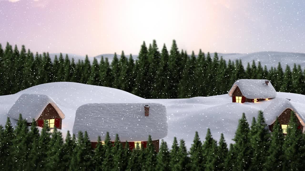 动画中的仙人彩灯，冷杉树装饰，雪花飘落的冬季景观视频素材