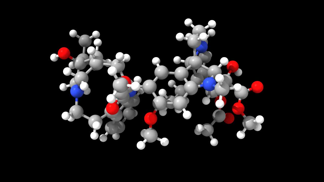 动画3D球棒和空间填充模型的天然抗癌药物长春碱视频素材