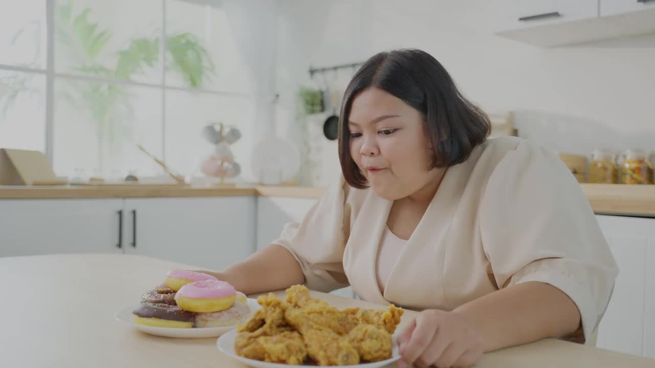 亚洲年轻的胖女人为盘子里的不健康食物感到高兴。漂亮漂亮的胖女孩饿了，准备在家里的餐桌上吃炸鸡和甜甜圈。视频素材