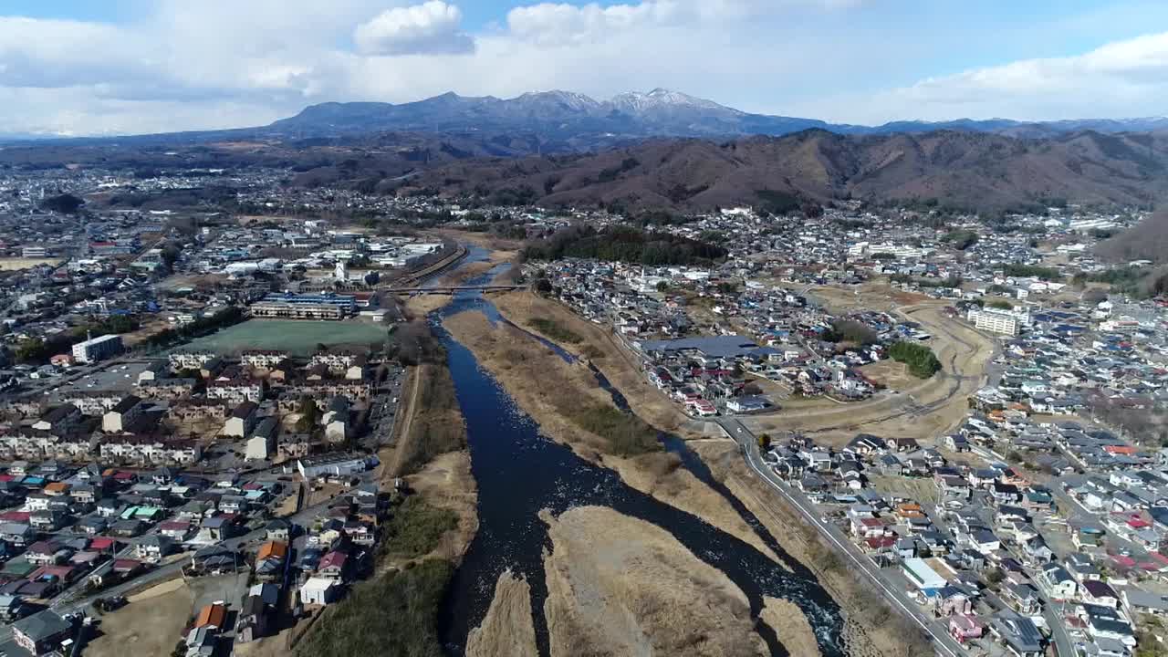 无人机空中，Watarase河和赤城山，日本视频素材