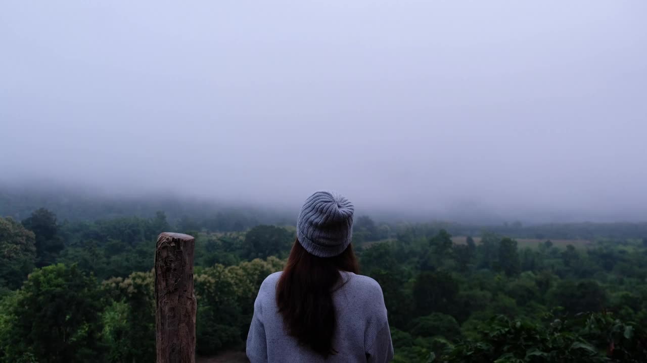 一个女性旅行者在雾天看美丽的山景的后视图视频素材