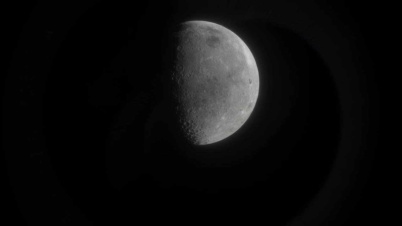 月球在太空深处。宇宙飞船在月球附近飞行。月球的三维模型视频素材