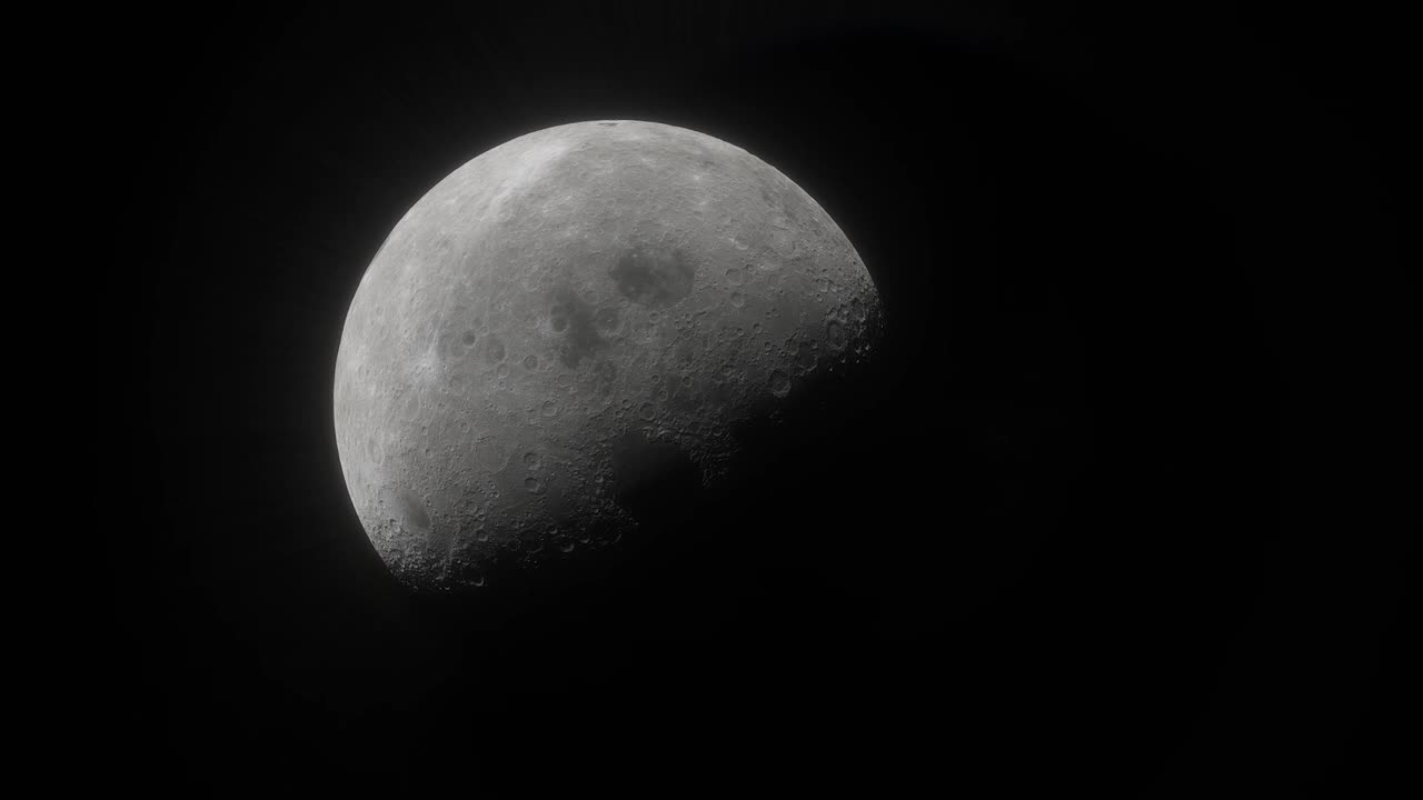 月球在太空深处。宇宙飞船在月球附近飞行。月球的三维模型视频素材