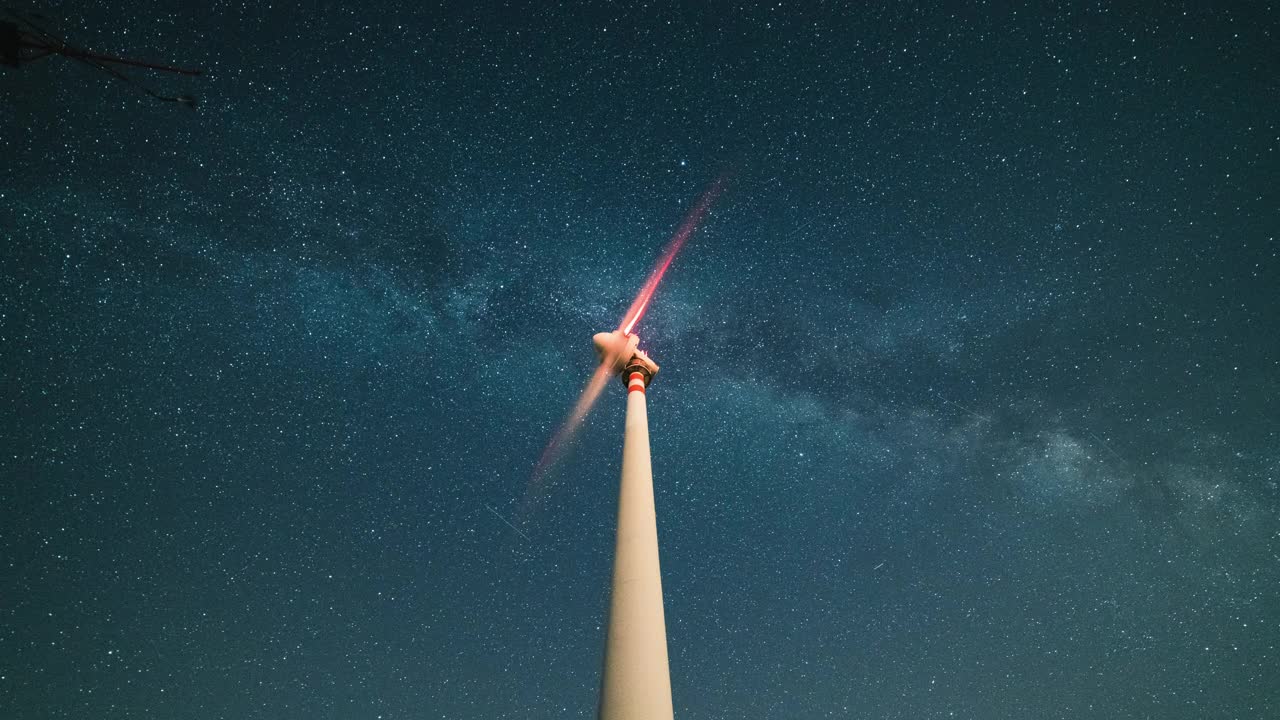 夜晚星空下风力涡轮机的时间流逝视频素材