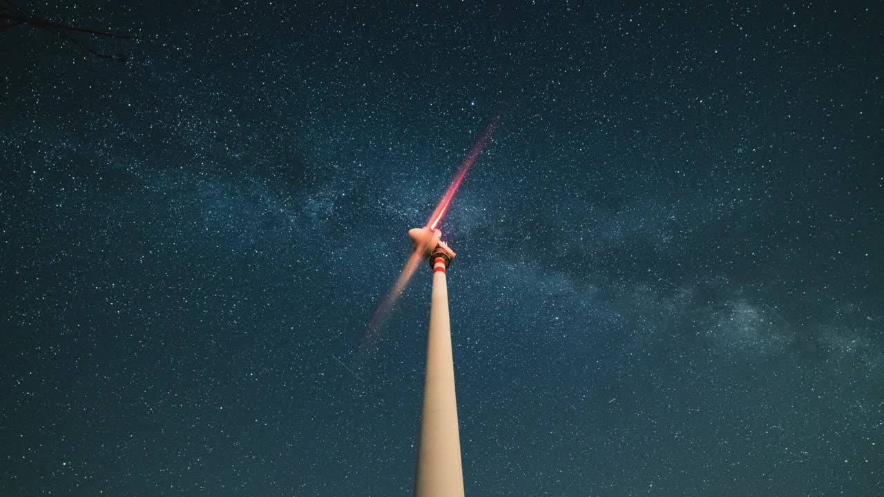 夜晚星空下风力涡轮机的时间流逝视频素材