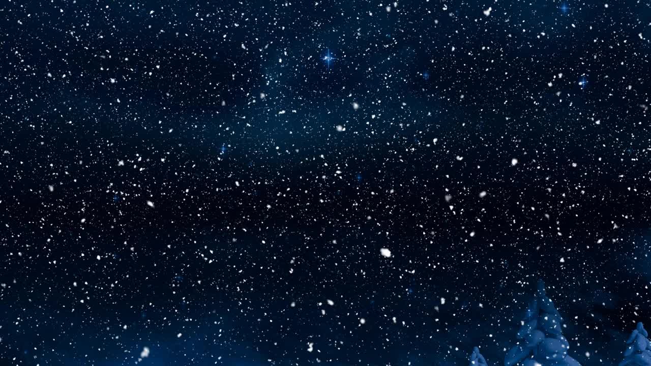 动画的雪落在冷杉树和星星在冬季风景视频素材