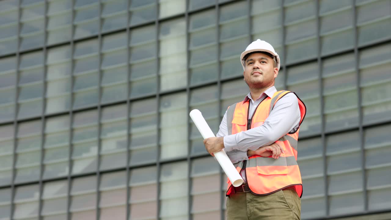 亚洲工程师英俊男子或建筑师在施工现场手持图纸和白色安全帽。站在现代建筑前。工人亚洲男子手臂交叉视频素材