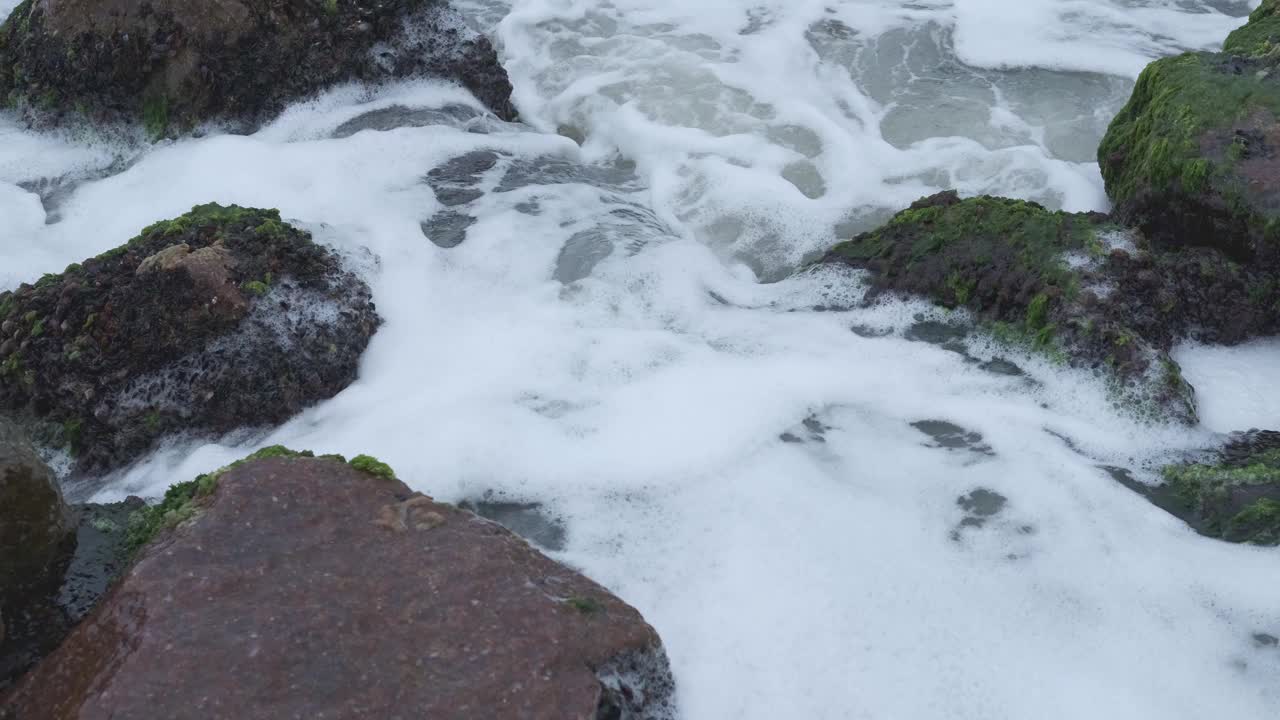 带着泡沫的海浪拍打着覆盖着巨石的海藻视频素材