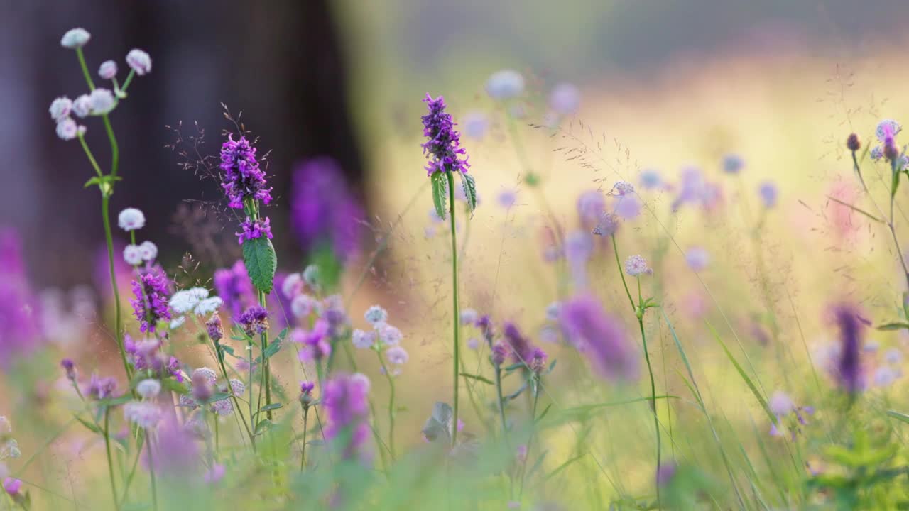 紫色和白色的花朵在风中摇曳。田野野花花丛夏日背景，美丽的散景作背景视频素材