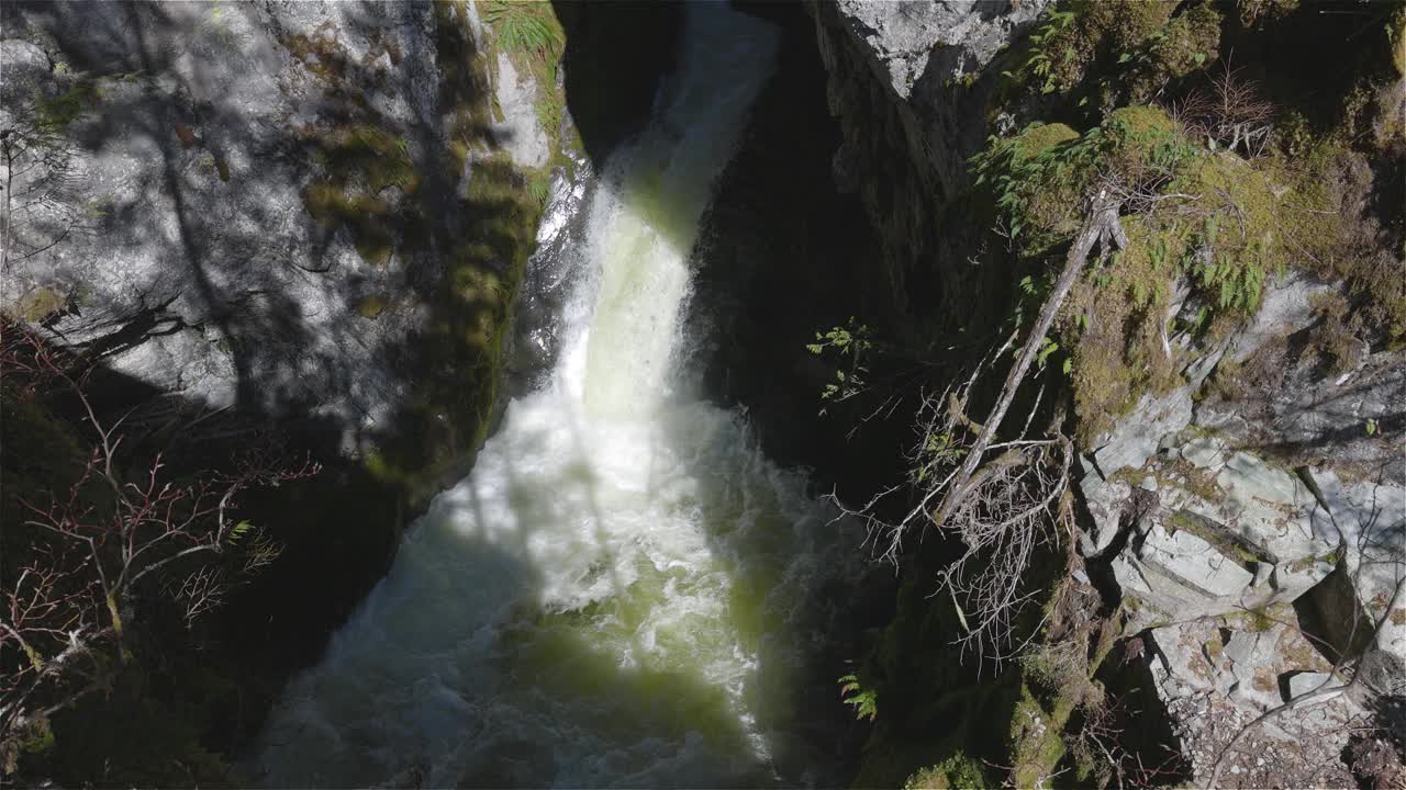 瀑布从加拿大山脉的岩石峡谷中奔流而下。视频素材