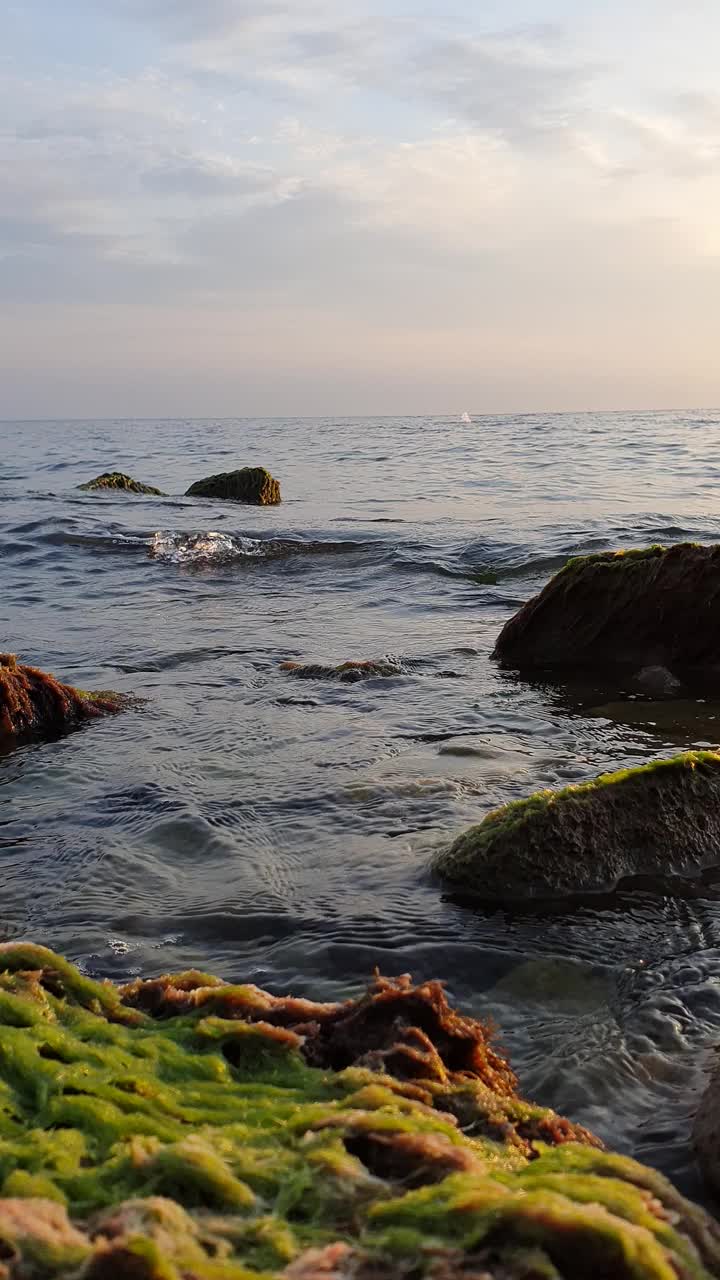 在黑海海岸宁静的夜晚，在岩石沙滩上舒缓的波浪视频素材