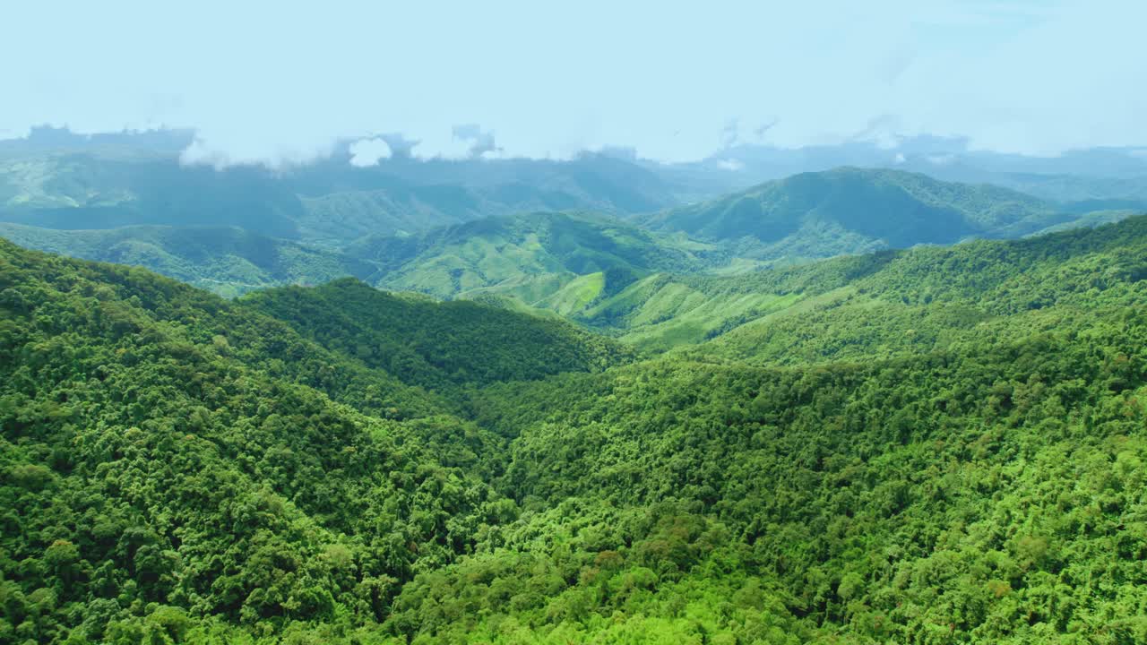 鸟瞰无人机拍摄的流动的雾波在山区热带雨林在晚上，鸟瞰图像在云上惊人的自然背景与云和山峰。视频素材